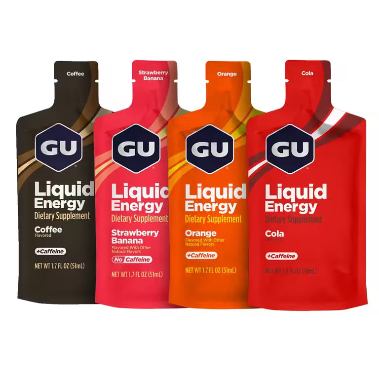 GU Liquid Energy Gel 4 Pack Coffee Cola Orange and Strawberry Banana