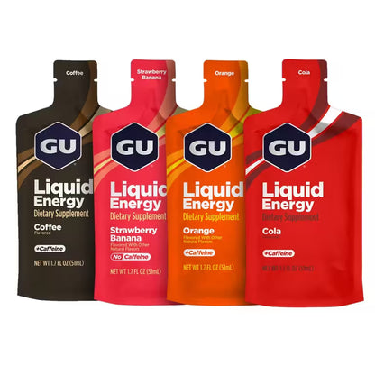 GU Liquid Energy Gel 4 Pack Coffee Cola Orange and Strawberry Banana