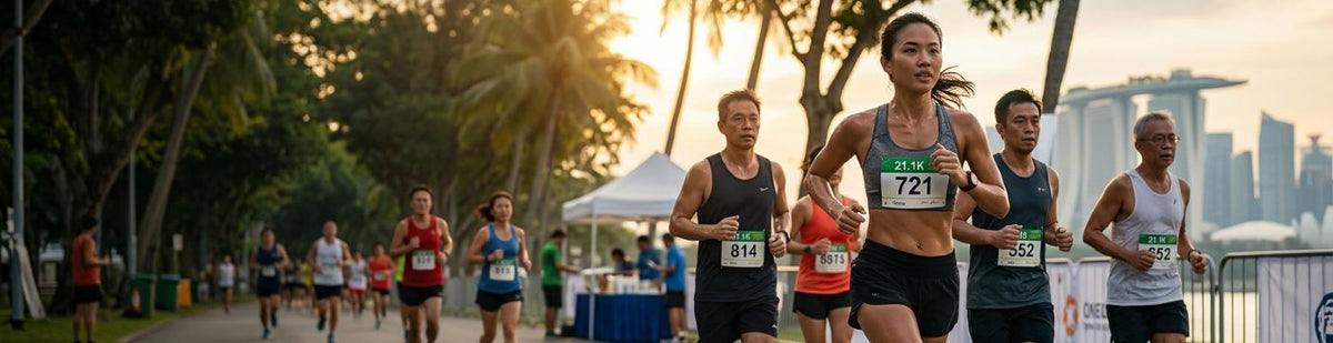 A group of female marathon runners racing on a city path during sunset, with palm trees and a modern skyline in the background. The central runner wears a black athletic outfit and bib number 721.
