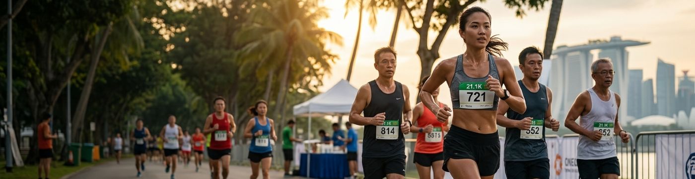 A group of female marathon runners racing on a city path during sunset, with palm trees and a modern skyline in the background. The central runner wears a black athletic outfit and bib number 721.