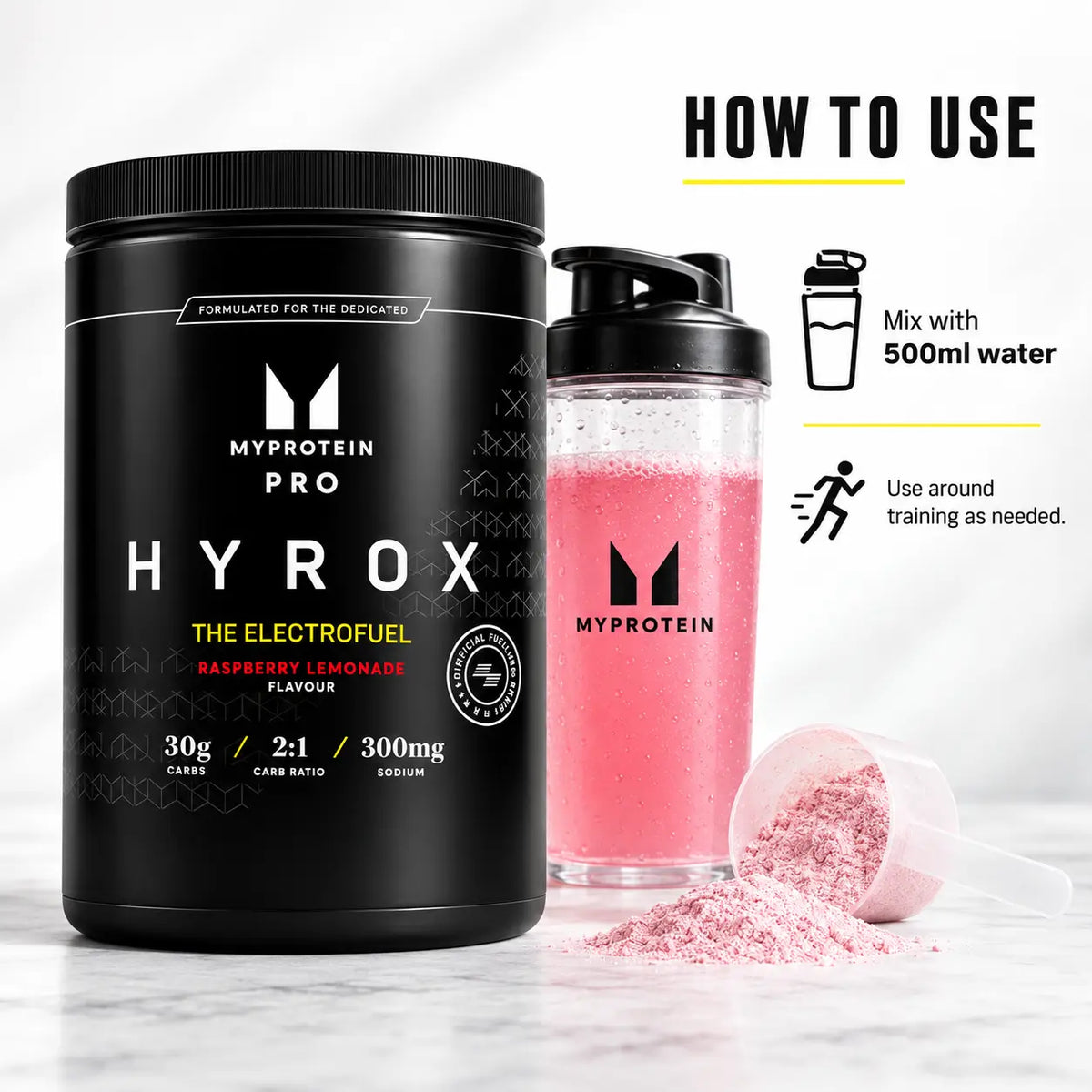 Myprotein HYROX THE Electrofuel Raspberry Lemonade mixing guide with 500ml water