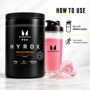 Myprotein HYROX THE Electrofuel Raspberry Lemonade mixing guide with 500ml water