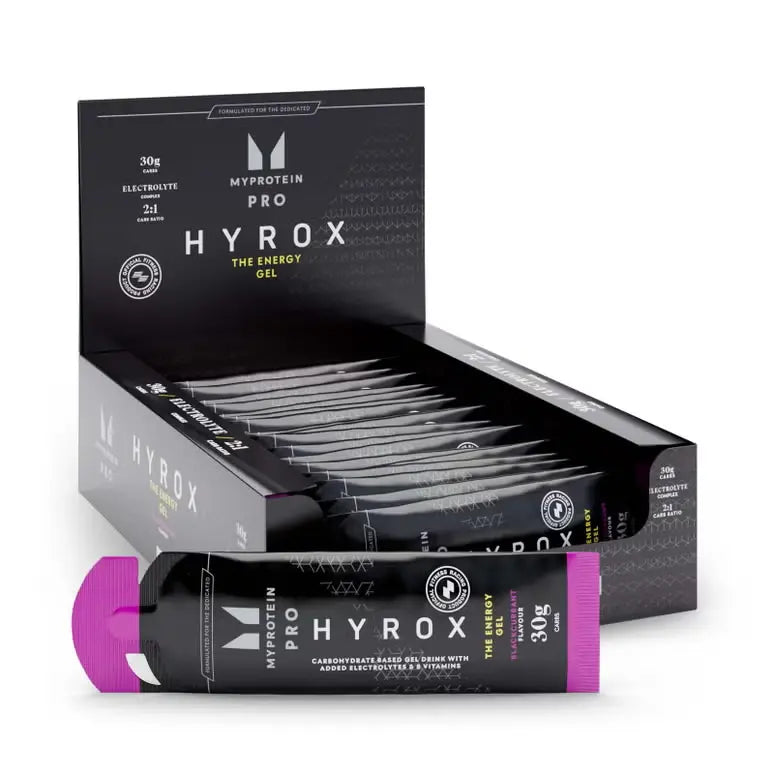 Myprotein HYROX THE Energy Gel Blackcurrant box with individual 60ml gel sachet
