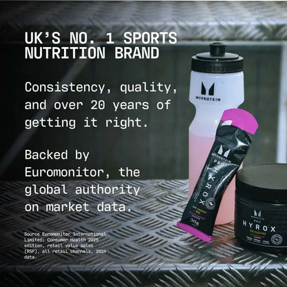 Myprotein HYROX Energy Gel with Myprotein bottle and HYROX nutrition products