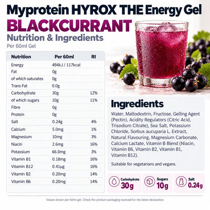 Myprotein HYROX THE Energy Gel Blackcurrant nutrition and ingredients guide