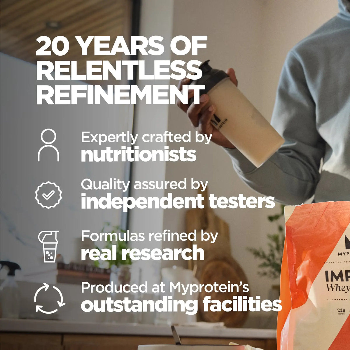 Myprotein quality standards highlighting nutritionist expertise, independent testing, refined formulas, and UK manufacturing facilities