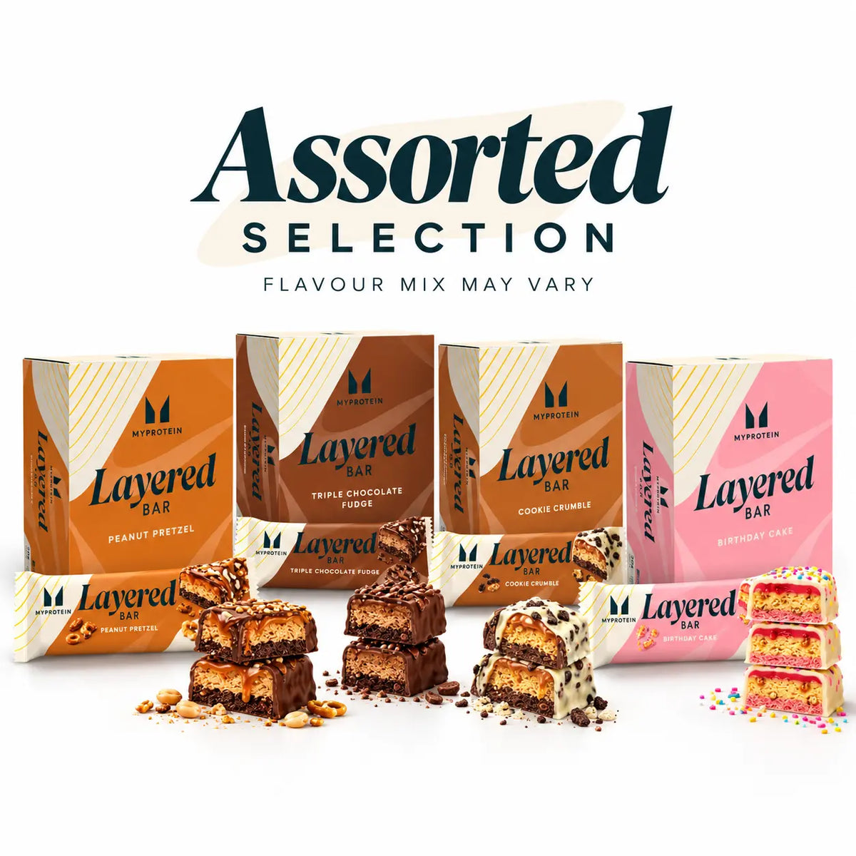 Myprotein Layered Protein Bar assorted selection – Chocolate Peanut Pretzel, Triple Chocolate Fudge and Vanilla Birthday Cake