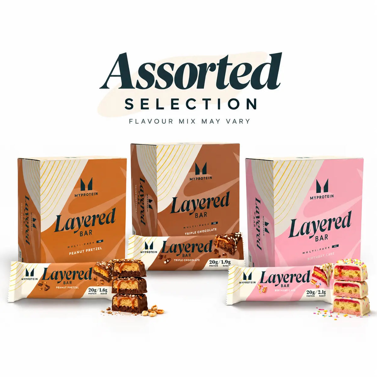 Myprotein Layered Protein Bar assorted selection – Chocolate Peanut Pretzel, Triple Chocolate Fudge and Vanilla Birthday Cake