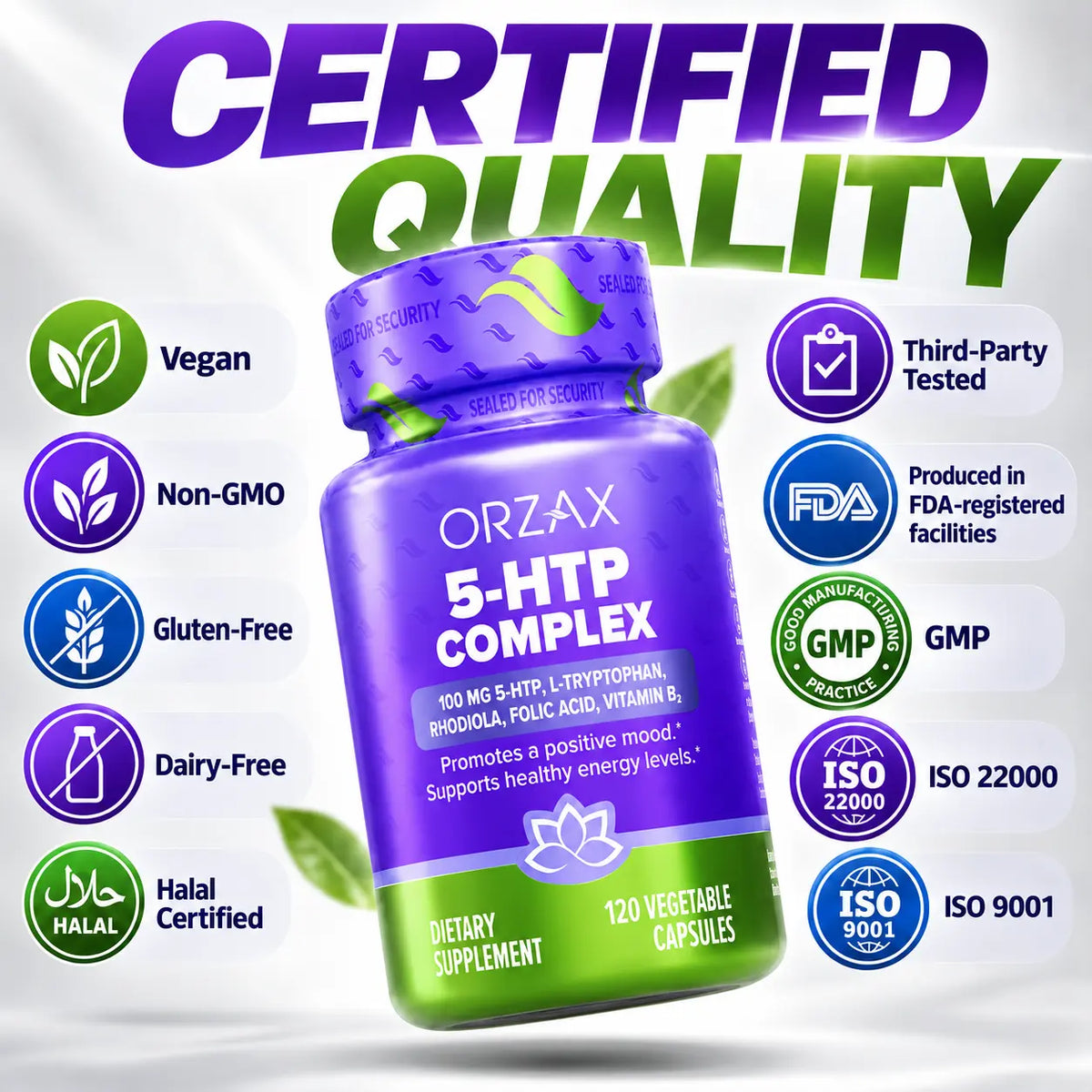 Orzax 5-HTP Complex certified quality Vegan Halal GMP ISO and third-party tested