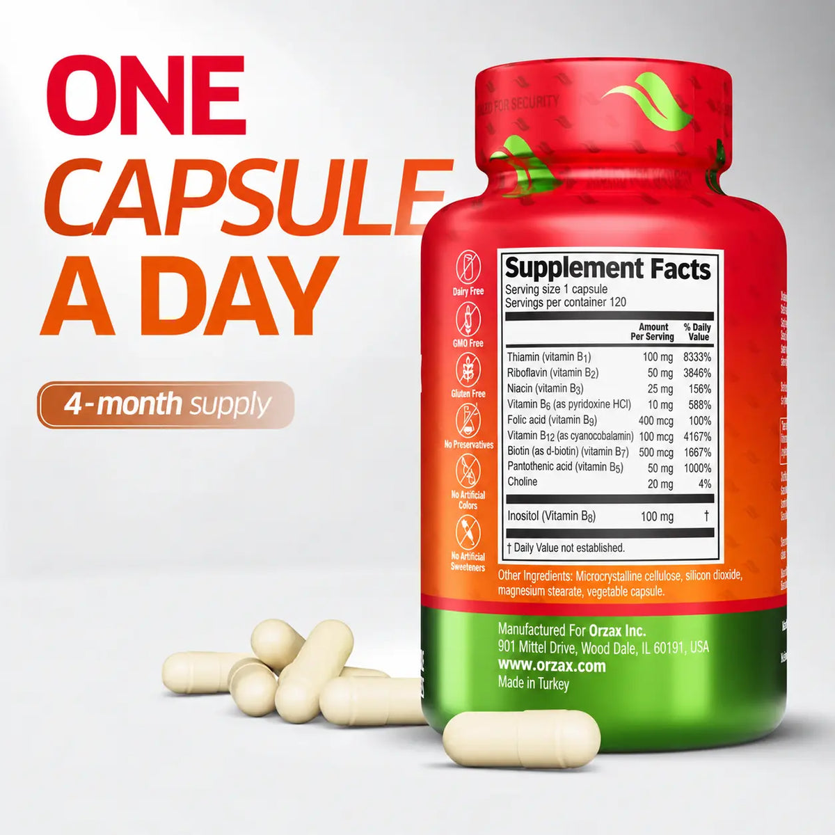 Orzax B-Complex supplement facts 120 capsules one capsule daily