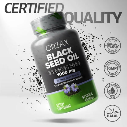 Orzax Black Seed Oil 1000 mg 90 softgel bottle with GMP, cold-pressed and Halal quality icons