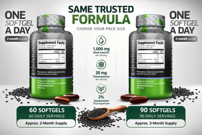 Orzax Black Seed Oil 1000 mg 60 and 90 softgel supplement facts and thymoquinone content