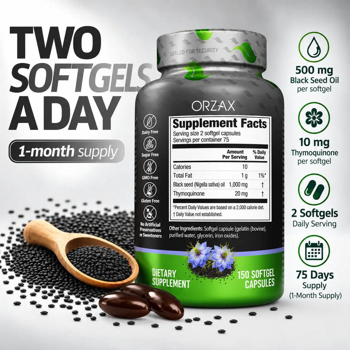 Orzax Black Seed Oil 500 mg supplement facts with 2 softgels daily and 75 servings