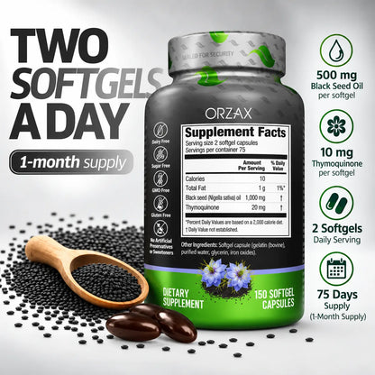 Orzax Black Seed Oil 500 mg supplement facts with 2 softgels daily and 75 servings