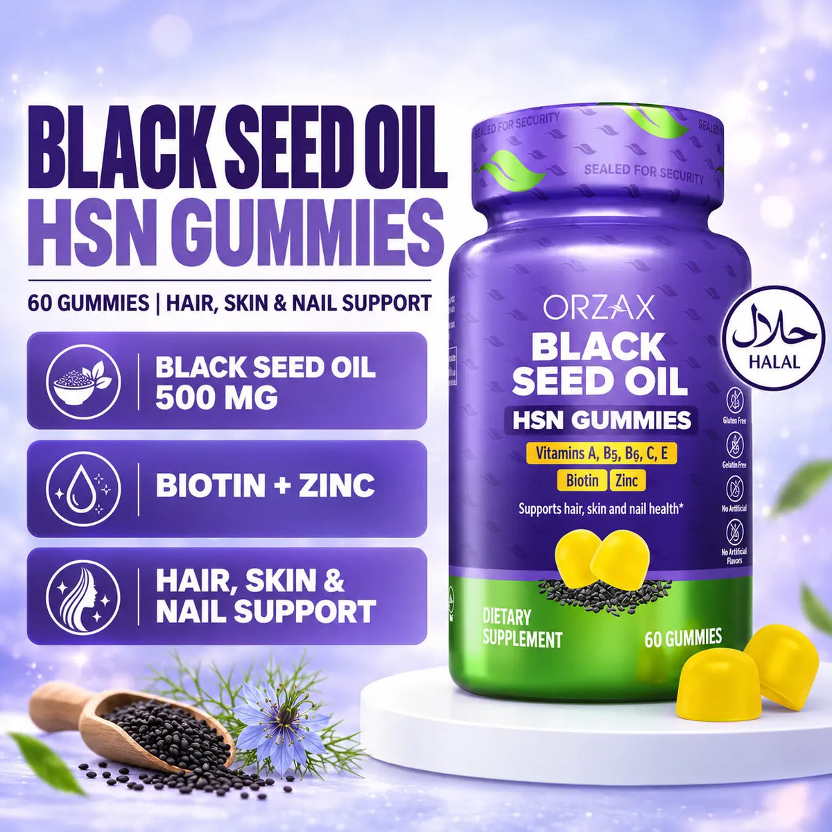 Orzax Black Seed Oil Hair Skin and Nail Gummies 60 gummies