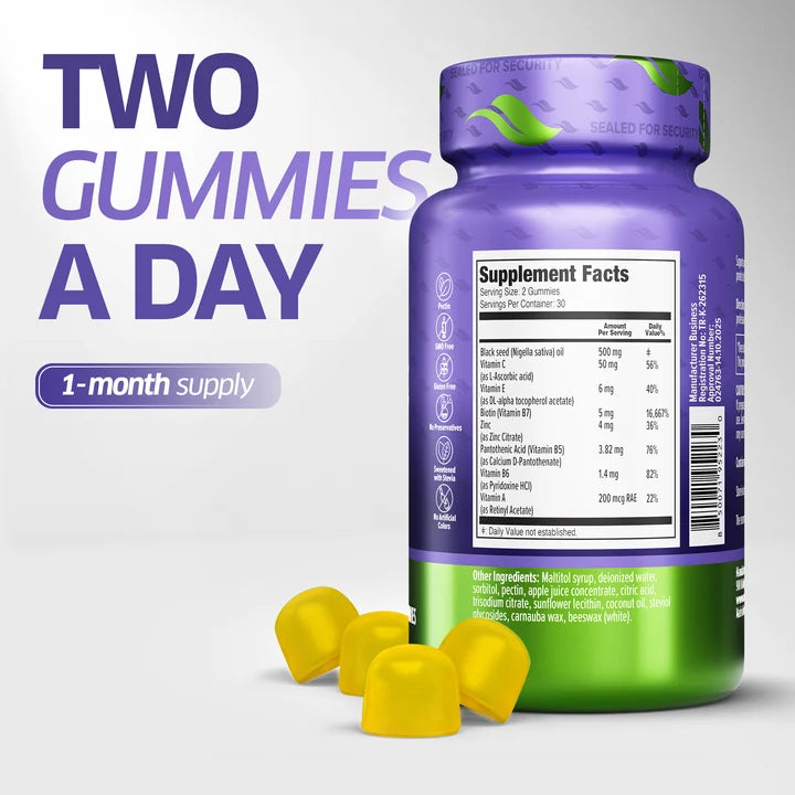 Orzax Black Seed Oil HSN Gummies supplement facts with 500mg black seed oil and 5mg biotin