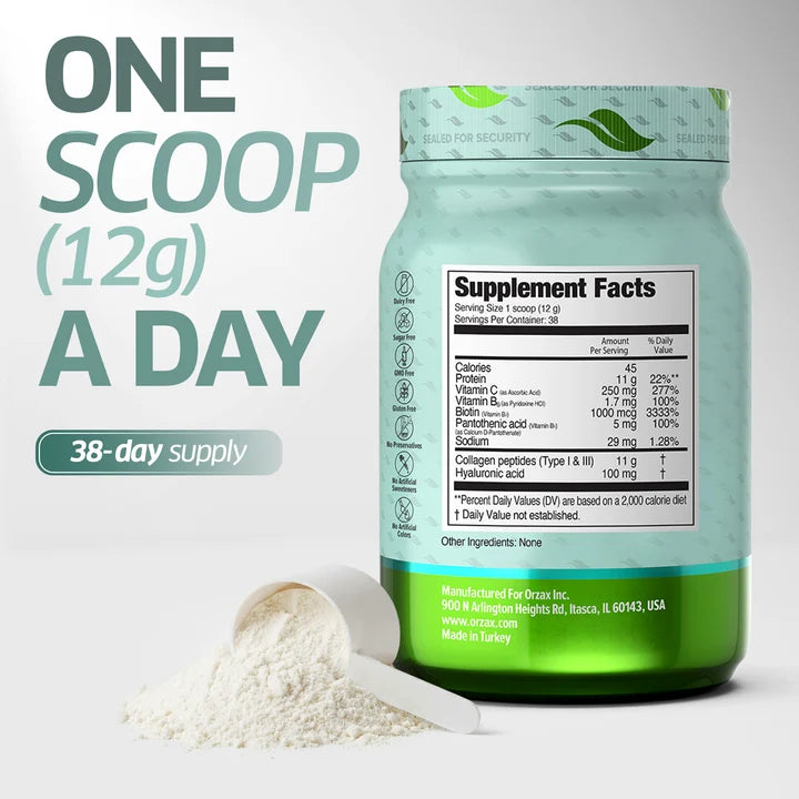Orzax Collagen Peptides supplement facts with 11g collagen vitamin C biotin and hyaluronic acid