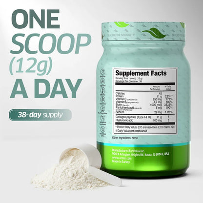 Orzax Collagen Peptides supplement facts with 11g collagen vitamin C biotin and hyaluronic acid