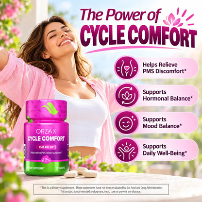 Orzax Cycle Comfort benefits for PMS discomfort hormonal balance mood and daily well-being