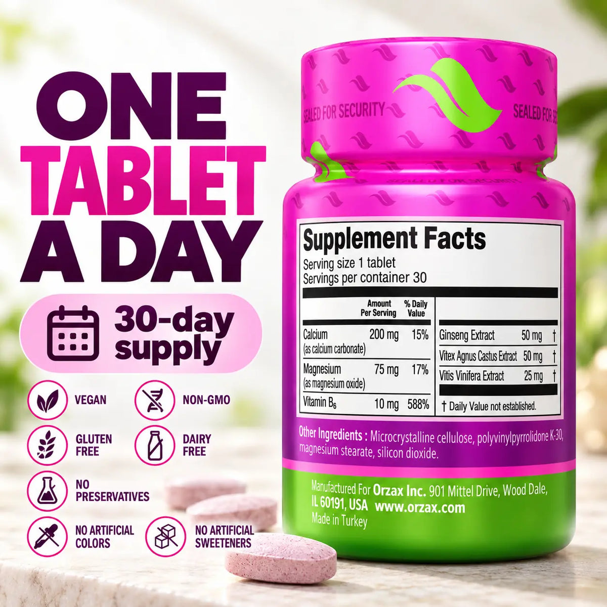Orzax Cycle Comfort supplement facts with 30-day supply and one tablet daily