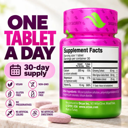 Orzax Cycle Comfort supplement facts with 30-day supply and one tablet daily