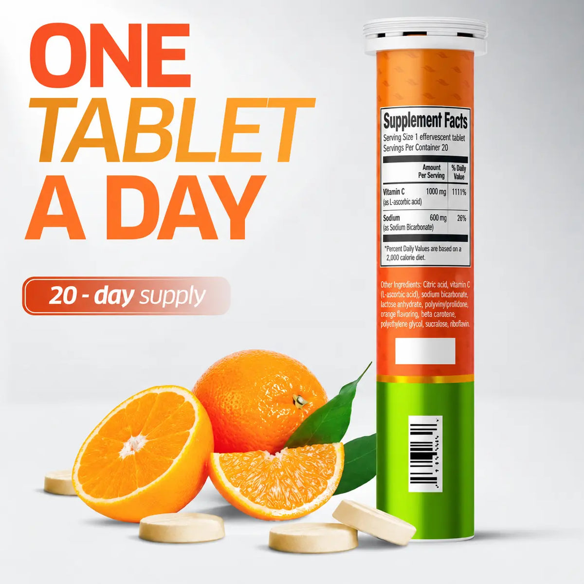 Orzax Effervescent Vitamin C supplement facts 1000mg vitamin C 20 servings