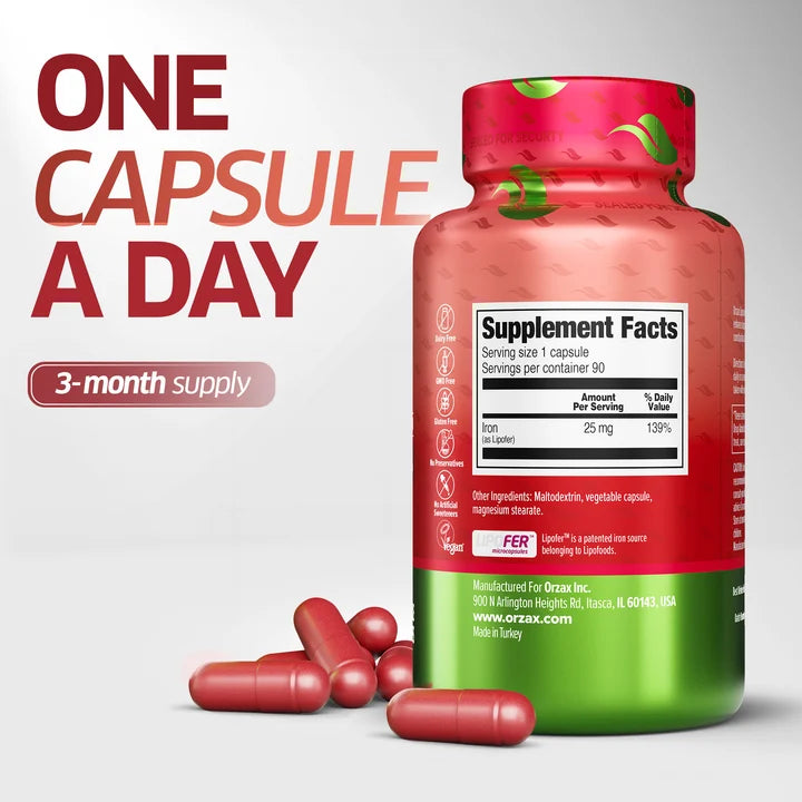 Orzax Liposomal Iron supplement facts 25mg iron 90 capsules