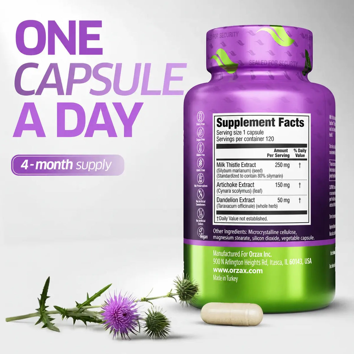 Orzax Milk Thistle Plus supplement facts 250mg milk thistle 120 servings