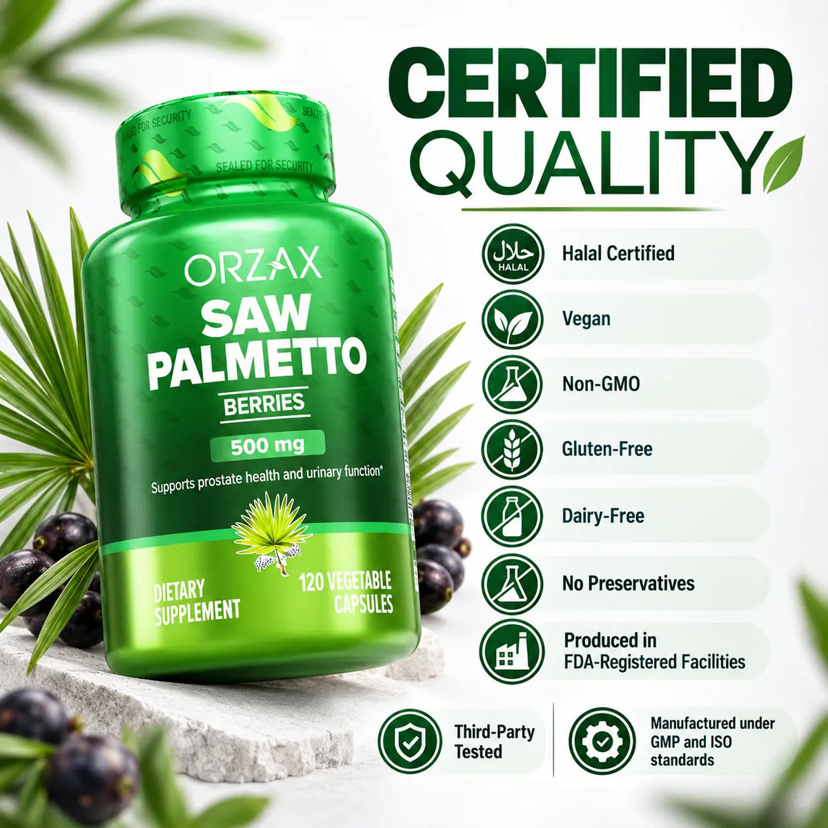 Orzax Saw Palmetto Halal vegan non GMO gluten free dairy free quality supplement