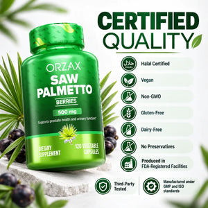Orzax Saw Palmetto Halal vegan non GMO gluten free dairy free quality supplement