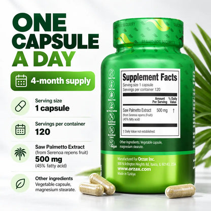 Orzax Saw Palmetto supplement facts 500mg extract standardized to 45 percent fatty acids
