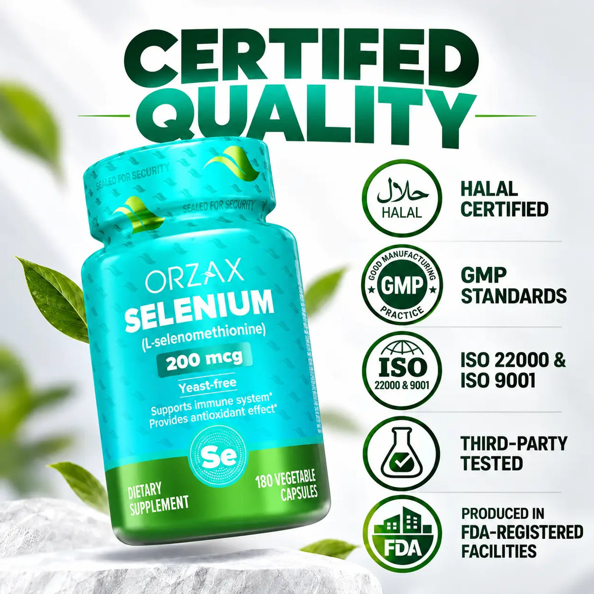 Orzax Selenium certified quality Halal GMP ISO and third-party tested