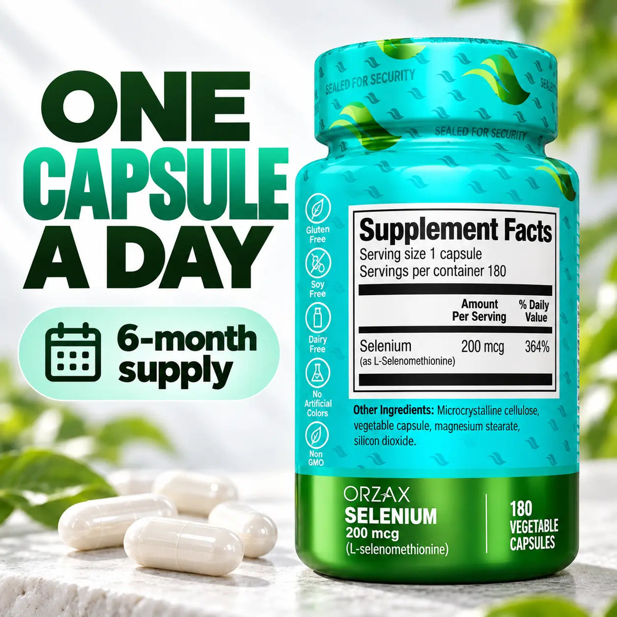 Orzax Selenium supplement facts 200mcg L-selenomethionine 180 servings
