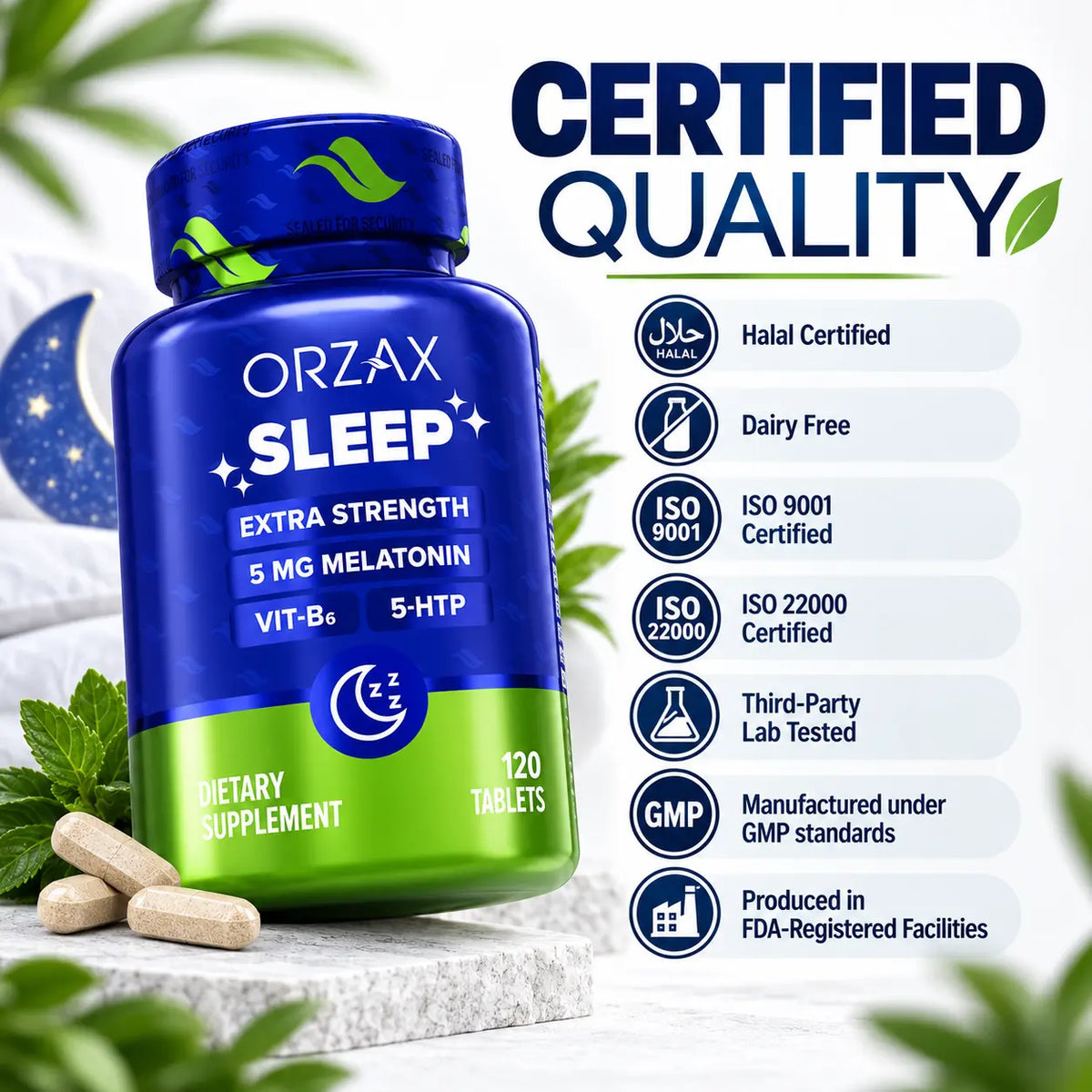 Orzax Sleep Halal vegan non GMO gluten free dairy free sleep supplement