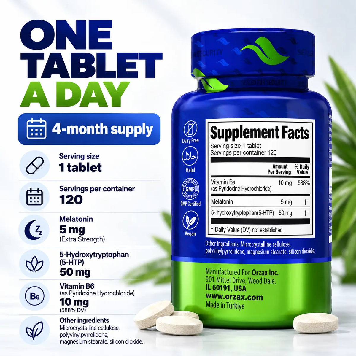 Orzax Sleep supplement facts with 5mg melatonin 50mg 5HTP and Vitamin B6