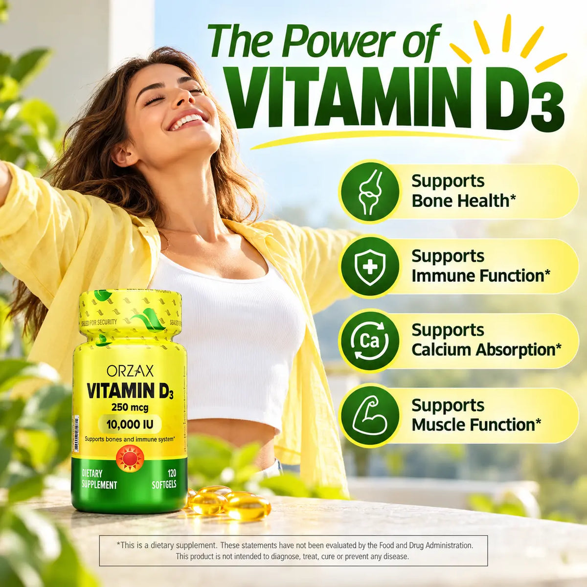Orzax Vitamin D3 10000 IU benefits for bone immune muscle and mood support