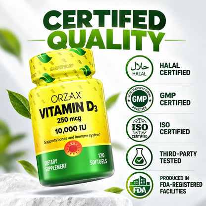 Orzax Vitamin D3 10000 IU certified quality non GMO gluten free Halal GMP ISO and third party tested