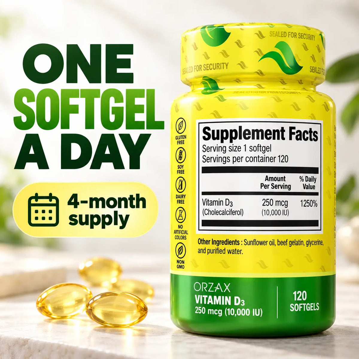 Orzax Vitamin D3 10000 IU supplement facts 250mcg 10000 IU 120 servings