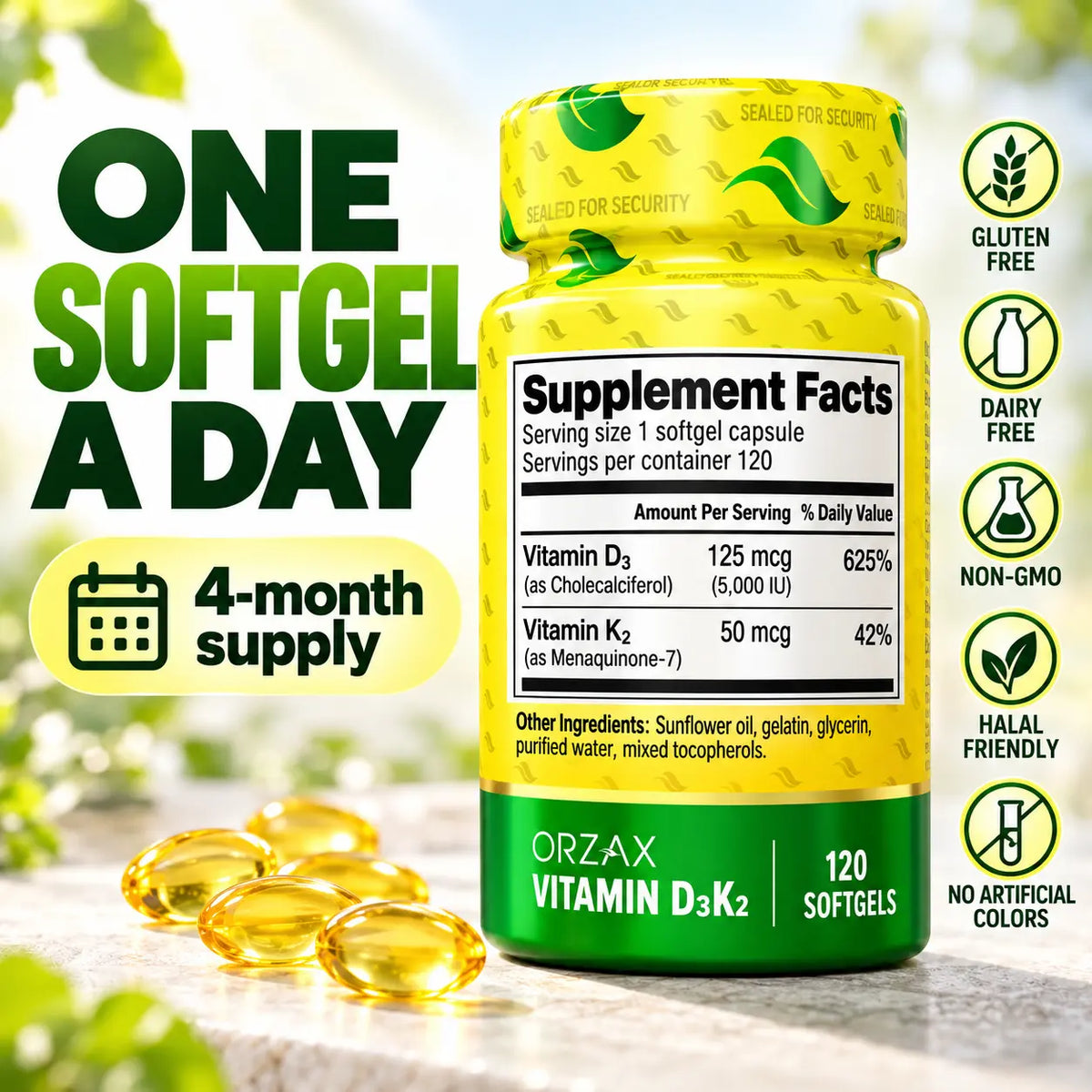 Orzax Vitamin D3K2 supplement facts 5000 IU Vitamin D3 and 50 mcg Vitamin K2 MK-7