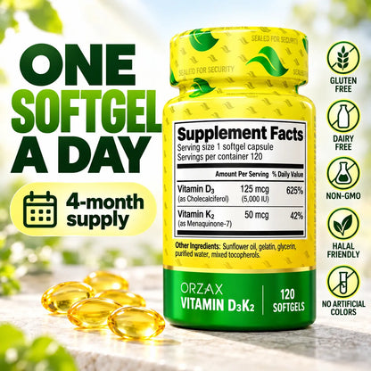 Orzax Vitamin D3K2 supplement facts 5000 IU Vitamin D3 and 50 mcg Vitamin K2 MK-7