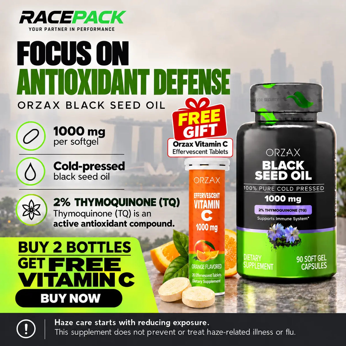 Orzax Black Seed Oil 1000 mg 90 softgels with 2% thymoquinone and free Vitamin C promotion