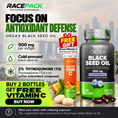 Orzax Black Seed Oil 500 mg 150 softgels with 2% thymoquinone and free Vitamin C promotion