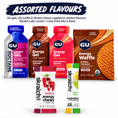 GU Half Marathon Endurance Fuel Bundle with assorted GU gels, GU waffle, Skratch chews and Skratch Lemon plus Lime hydration mix