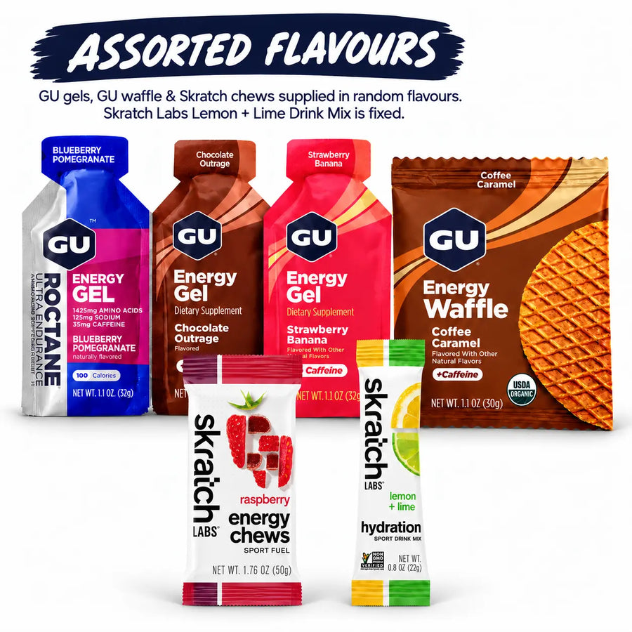 GU Half Marathon Endurance Fuel Bundle with assorted GU gels, GU waffle, Skratch chews and Skratch Lemon plus Lime hydration mix