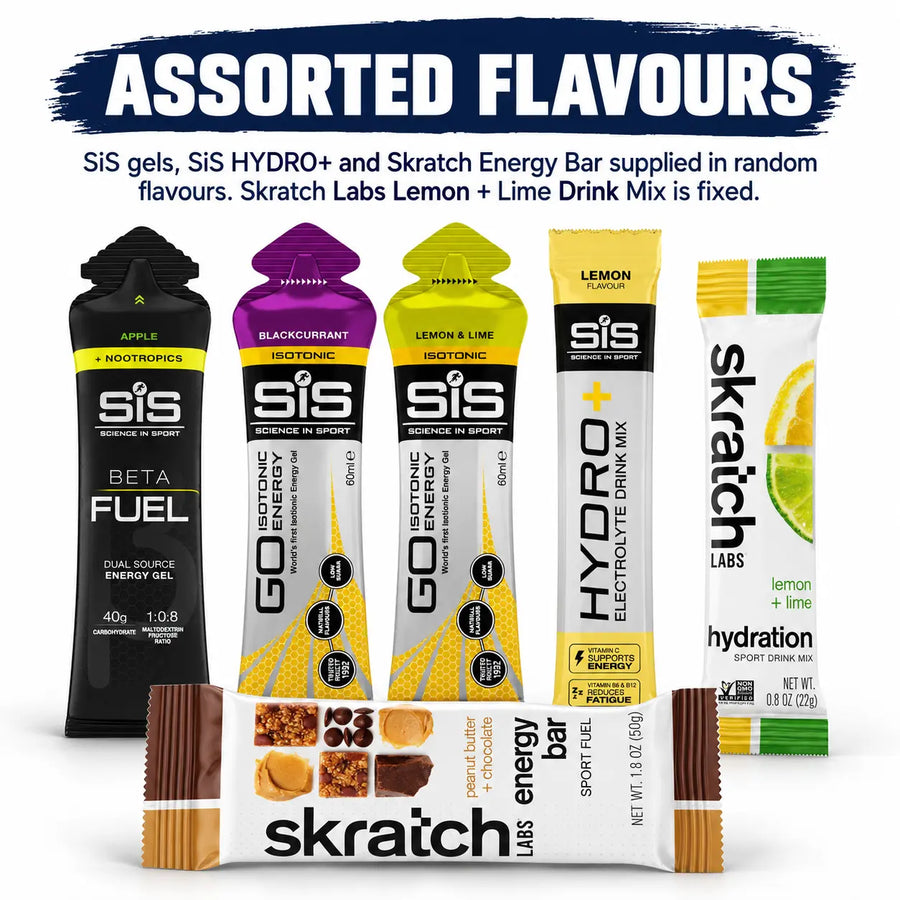SiS Half Marathon Endurance Fuel Bundle with assorted SiS GO Isotonic Energy Gels, SiS HYDRO+ Electrolyte Drink Mix, Skratch Energy Bar, fixed Apple SiS BETA Fuel + Nootropics, and fixed Skratch Lemon + Lime Hydration Sport Drink Mix