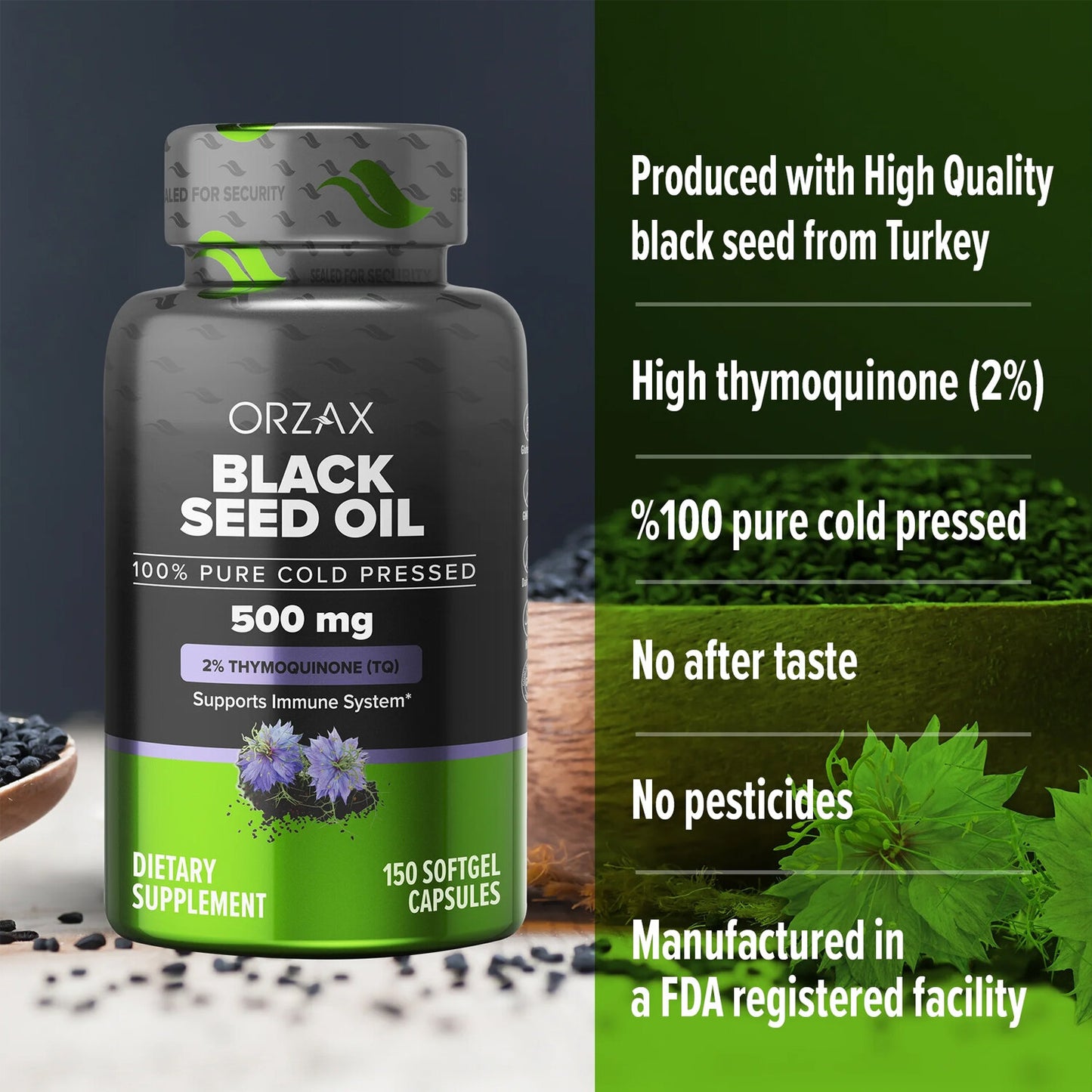 Black Seed Oil 500 mg 150 Organic Cold Pressed Soft Gel Capsules