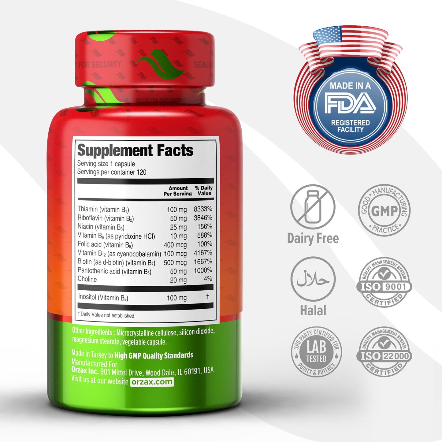 Vitamin B Complex Supplement with choline 120 Veg Capsules