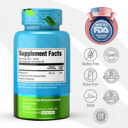 Magnesium Triple Complex Glycinate Citrate Malate 200 mg 60 Tablets