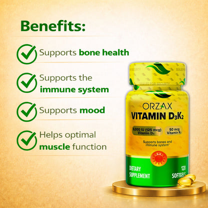 Vitamin D3 K2 Bone Health Immune Support 5000IU 50mcg 120 Soft Gels 120 Days Supply Halal by ORZAX