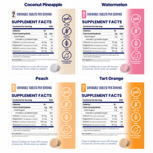 SaltStick FastChews supplement facts for Coconut Pineapple, Watermelon, Peach and Tart Orange